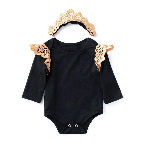 2 Pcs Set Baby Girls Cotton Lace Printed Long Sleeves Bodsuit And Headband