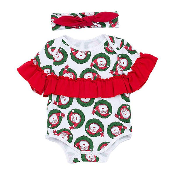 Cotton Toddler Girls Cotton Short Sleeves Elk Printed Christmas Bodysuit With Headband