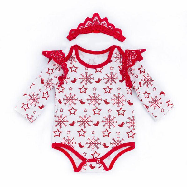 Christmas Baby Girls Cotton 2 Pcs Set Long Sleeves Printed Bodysuit And Headband