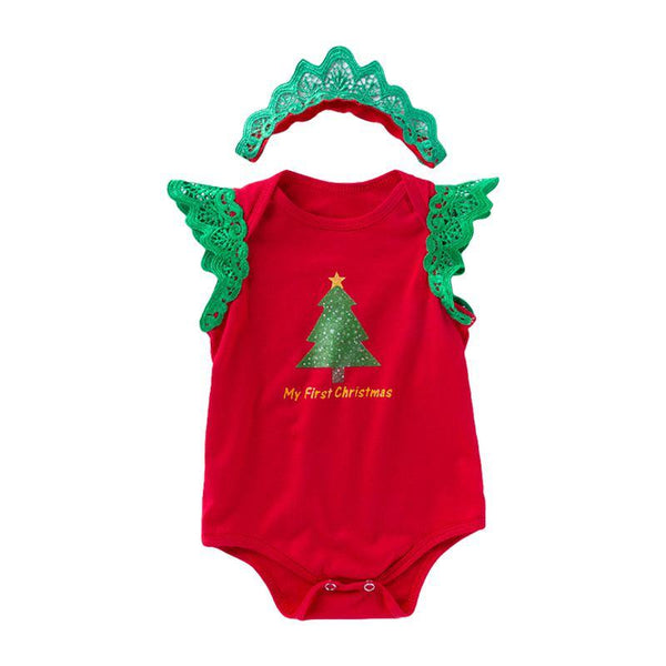 2 Pcs Set Cotton Christmas Toddler Girls Ruffle Sleeves Bodysuit And Lace Headband