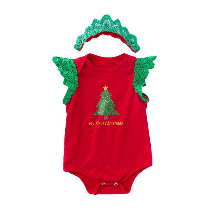 2 Pcs Set Cotton Christmas Toddler Girls Ruffle Sleeves Bodysuit And Lace Headband