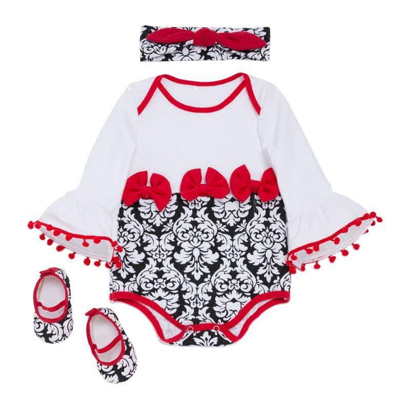 3 Pcs Set Cute Toddler Girls Cotton Long Sleeves Floral Printed Bodysuit And Shoes And Headband