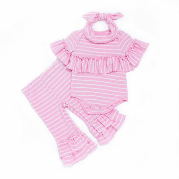 3 Pcs Set Newborn Cotton Stripes Printed Ruffle Sleeves Bodysuit And Pants And Headband