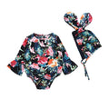 2 Pcs Set Baby Girls Floral Printed Long Sleeves Bodysuit  And Bunny Hat
