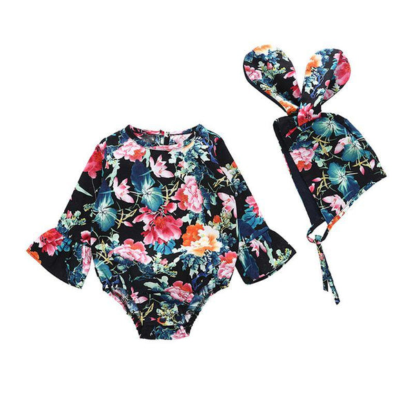 2 Pcs Set Baby Girls Floral Printed Long Sleeves Bodysuit  And Bunny Hat