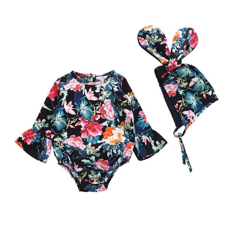 2 Pcs Set Baby Girls Floral Printed Long Sleeves Bodysuit  And Bunny Hat