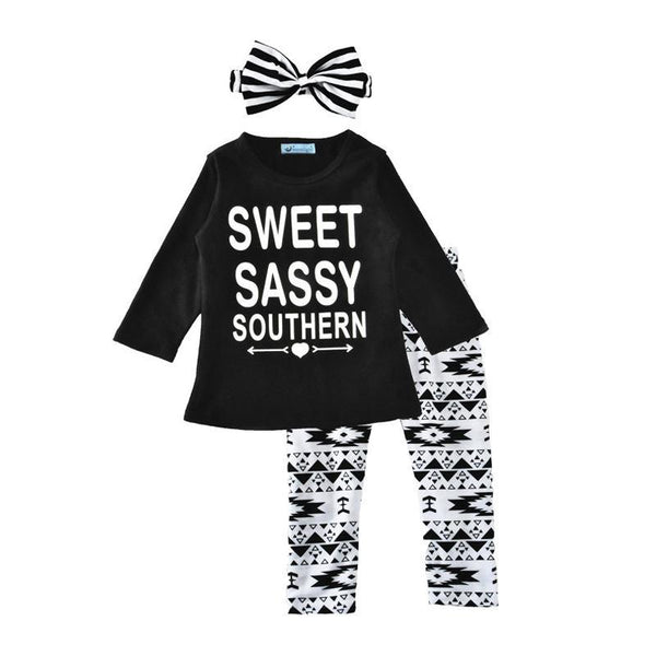 3 Pcs Set Girls Long Sleeves Tops And Printed Pants And Headbands