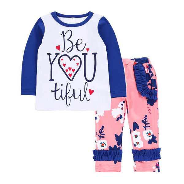 2 Pcs Set Girls Long Sleeves Patchwork Tops And Floral Printed Pants