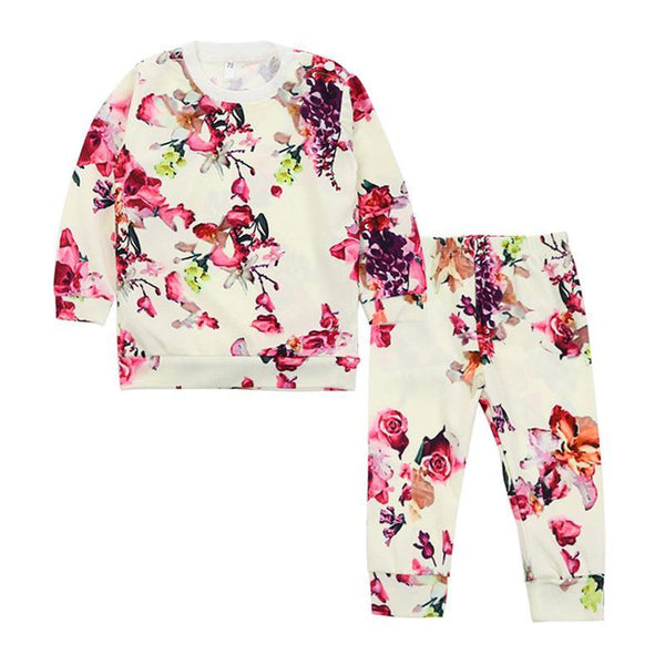 2 Pcs Set Girls Long Sleeves Floral Printed Tops And Pants