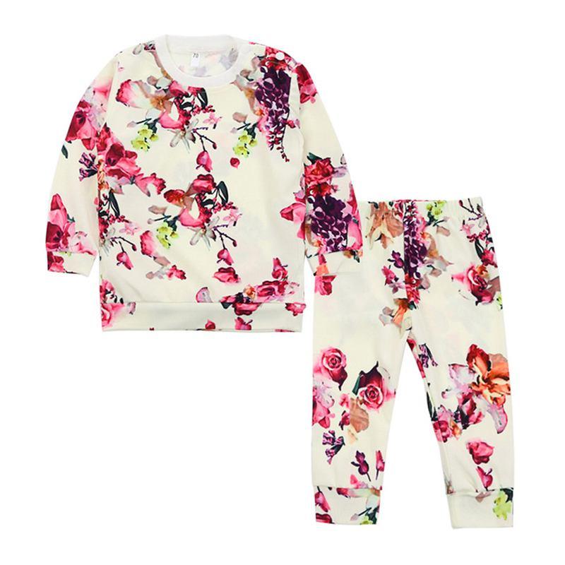 2 Pcs Set Girls Long Sleeves Floral Printed Tops And Pants