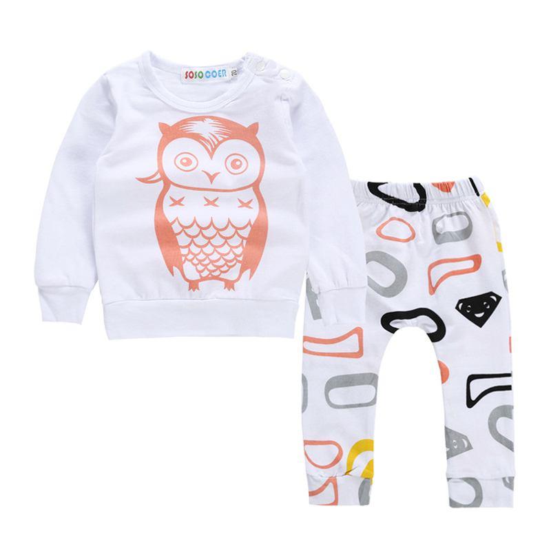 2 Pcs Set Babies Owl Printed Tops And Elastic Waist Pants