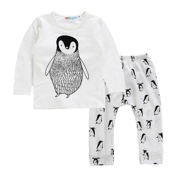 2 Pcs Set Babies Penguin Printed Tops And Elastic Waist Pants