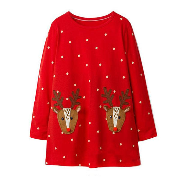 Girls Round Neck Christmas Elk Embroidered Long Sleeves Dress