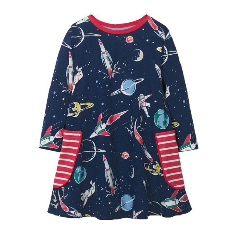 Girls Cotton Round Neck Universe Printed Dress