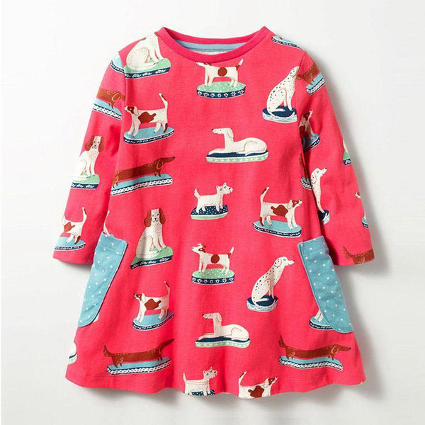 Girls Cute Dogs Printed Round Neck Dress