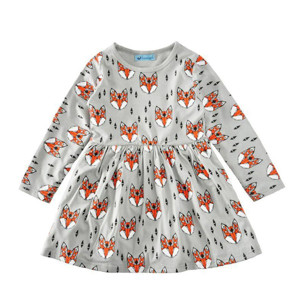 Casual Girls Fox Printed Long Sleeves Round Neck Dress