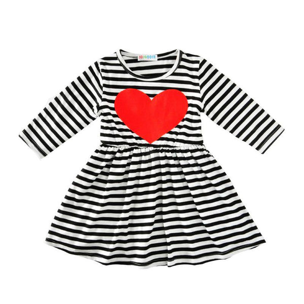 Girls Red Heart Stripes Printed Long Sleeves Dress