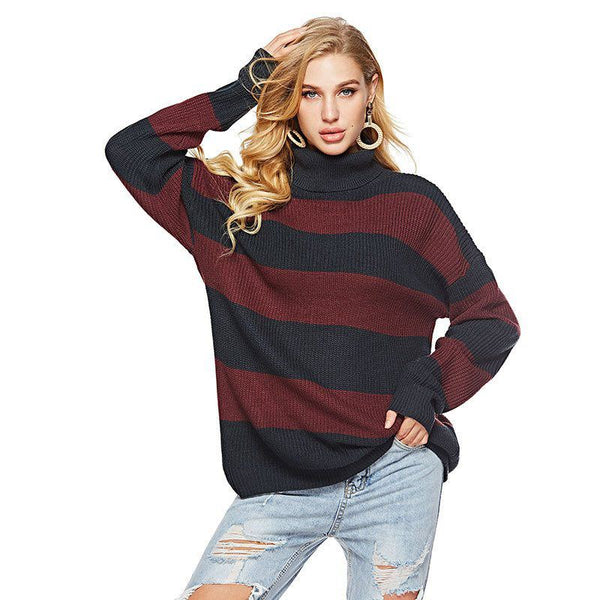 Classic Stripes Pattern Women Turtle Neck Loose Sweater