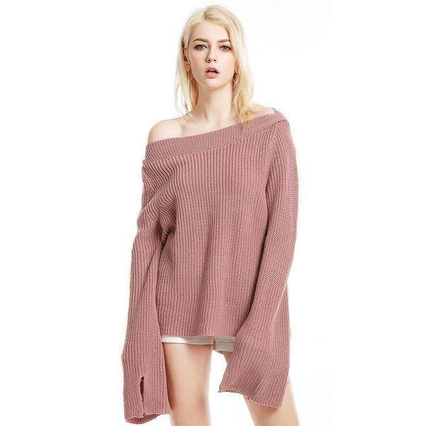 Women Sexy Off-shoulder Design Solid Color Flare Sleeves Sweater