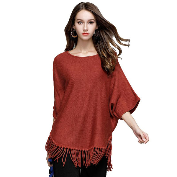 Elegant Women Bohemian Style Solid Color Pullover Sweater With Tassel