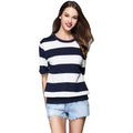 Elegant Women Classic Stripes Pattern Short Sleeves Loose Sweater