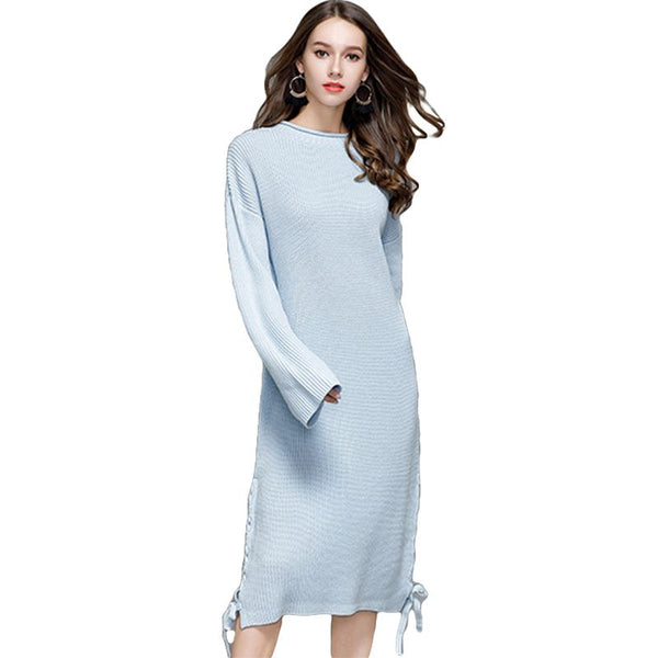 Loose Pattern Women Long Length Lace-up Hemline Sweater Dress