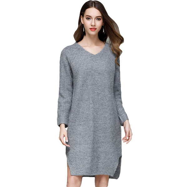 Hot Sale Classic V Neck Solid Color Long Length Sweater Dress