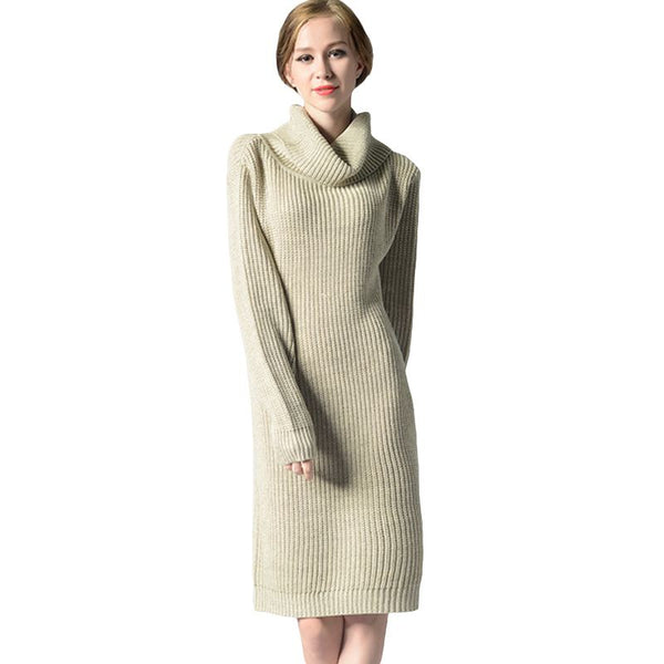 Comfortable Lazy Heap Collar Design Women Long Length Sweater Dress