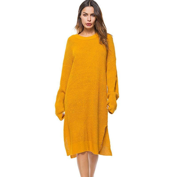 Women Oversize Design Solid Color O Neck Pullover Sweater Dress