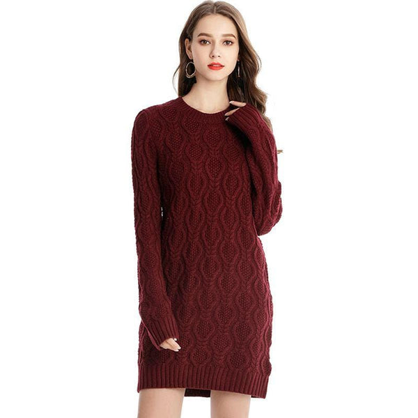 Women Classic Pattern Knitwear Solid Color Long Sleeves Sweater Dress