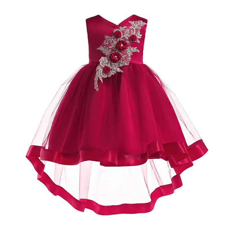 Girls Sleeveless Floral Embroidered Irregular Princess Dress