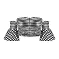 Classic Plaid Print Women Sexy Off-shoulder Flare Sleeves Tube Top