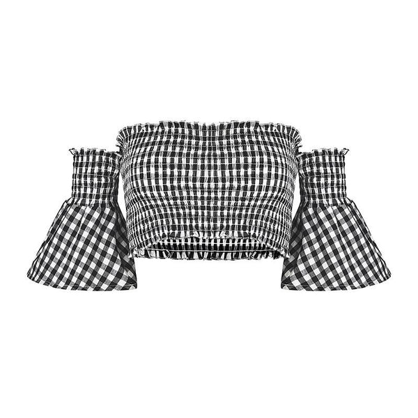 Classic Plaid Print Women Sexy Off-shoulder Flare Sleeves Tube Top