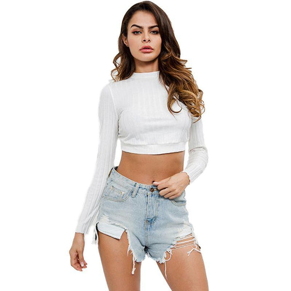 Women Unique Sexy Backless Design Solid Color Long Sleeves Crop Top