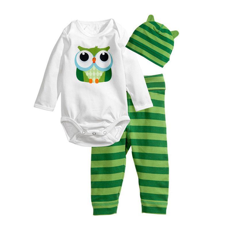 Baby Boys 3 Pcs Set Cute Animals Printed Bodysuit And Stripes Pants With Hat