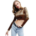 Women Fashion Leopard Print Turtleneck Long Sleeves Crop Top