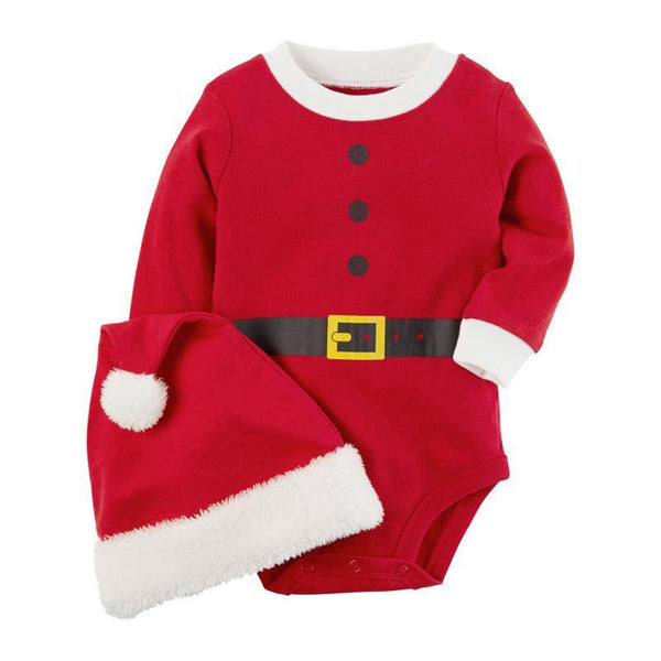 2 Pcs Set Christmas Babies Santa Claus Pattern Long Sleeves Bodysuit And Hat