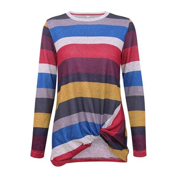 Women Fashion Multicolor Stripes Design Loose Pattern Knot Hemline T-shirt