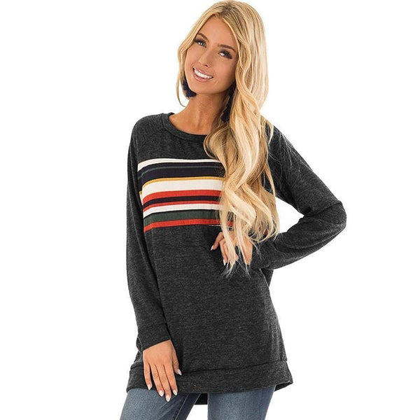 Women Casual Loose Pattern Multicolor Stripes Print Long Sleeves T-shirt