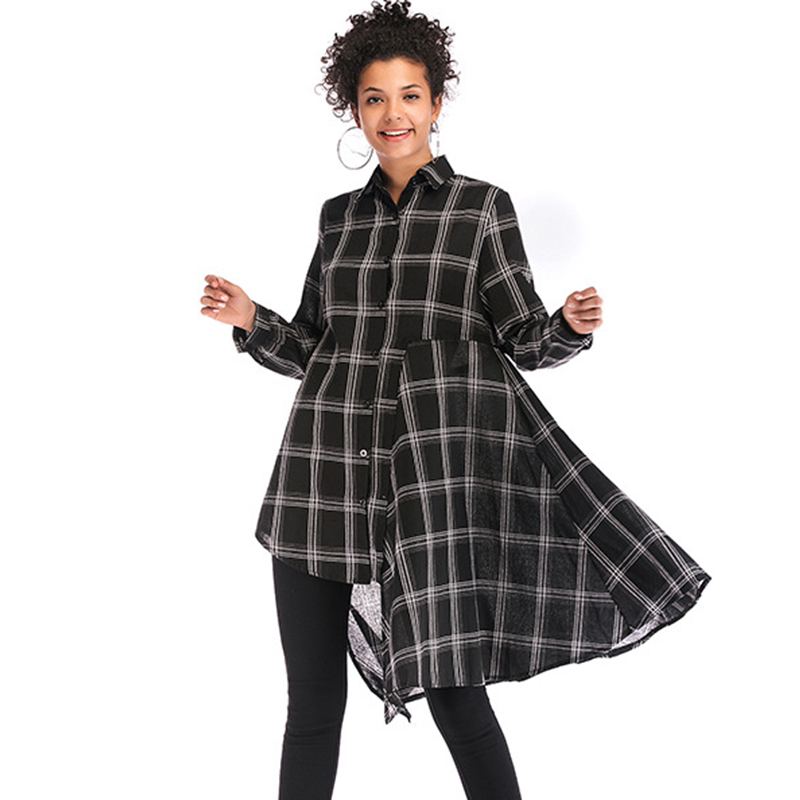 Fashion Women Asymmetric Design Classic Plaid Print Long Length Loose Shirt