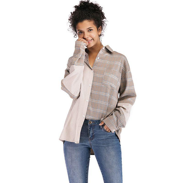 Women Fashion Patchwork Design Casual Style Vintage Plaid Print Loose Shirt