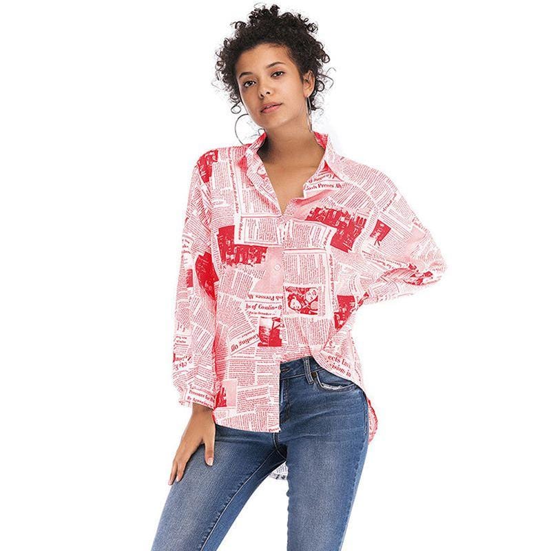 Women Fashion Patchwork Design Casual Style Vintage Newspaper Print Loose Shirt