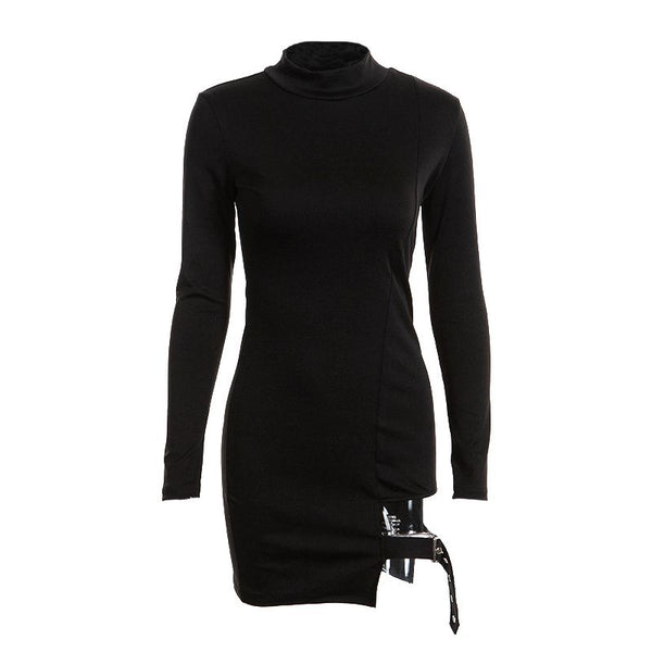 Fashion Unique Irregular Hemline Solid Color Long Sleeves Tight Dress