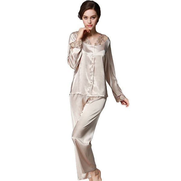 Casual Home Wear Silk Suits Women Unique Lace Patchwork Pajamas