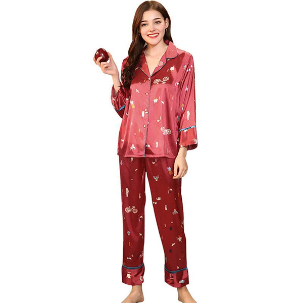 Autumn Winter Women Home Wear Smooth Silk-like Pajamas Set