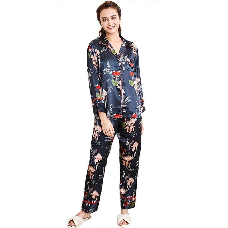 Fashion Floral Printed Women Leisure Wear Silk-like Pajamas Set