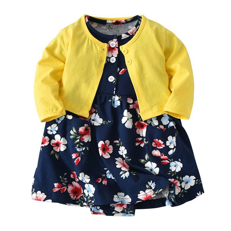 Baby Girls 2 Pcs Set Cotton Solid Color Outerwear And Floral Printed Dress