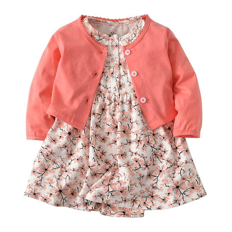 Baby Girls Cotton Solid Color Outerwear And Floral Printed Dress 2 Pcs Set