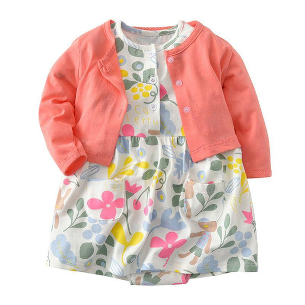Baby Girls Cotton Solid Color Outerwear And Floral Printed Dress Set