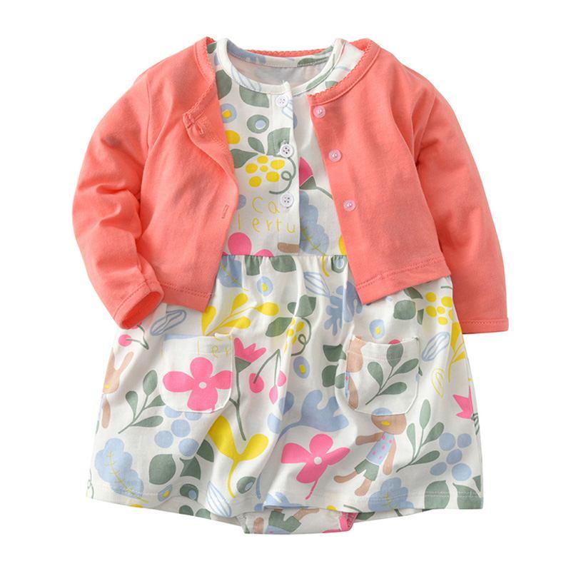 Baby Girls Cotton Solid Color Outerwear And Floral Printed Dress Set